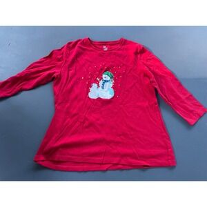 Kim Rogers Womens Red Snowman Graphic Long Sleeve Cotton Tee Shirt Large